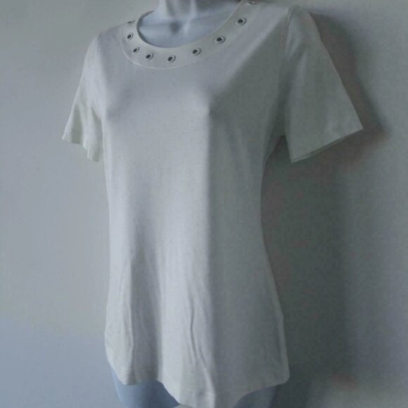 New AKRIS White Round Neck Short Sleeve Modal Top w/ Rib Eyelet Detail Size 8 - Picture 2 of 7